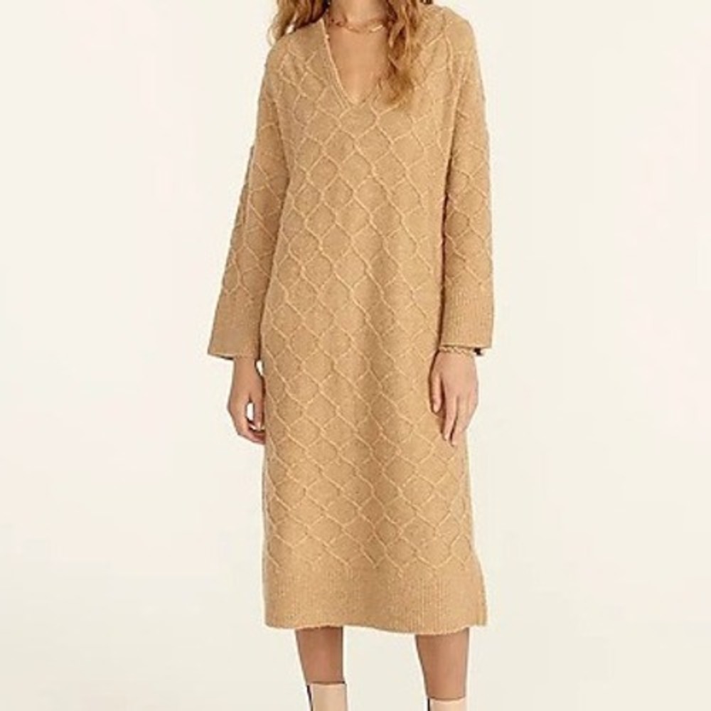 J Crew L/XL Tan Cable Knit V Neck Long Sleeve Sweater Dress Wool Lagenlook‎ Chic